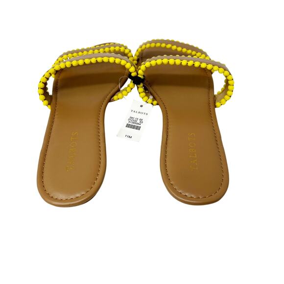 NEW Talbots Yellow Pom Pom Slide Sandals Tan Vegan Leather sz 11 M - Picture 4 of 9